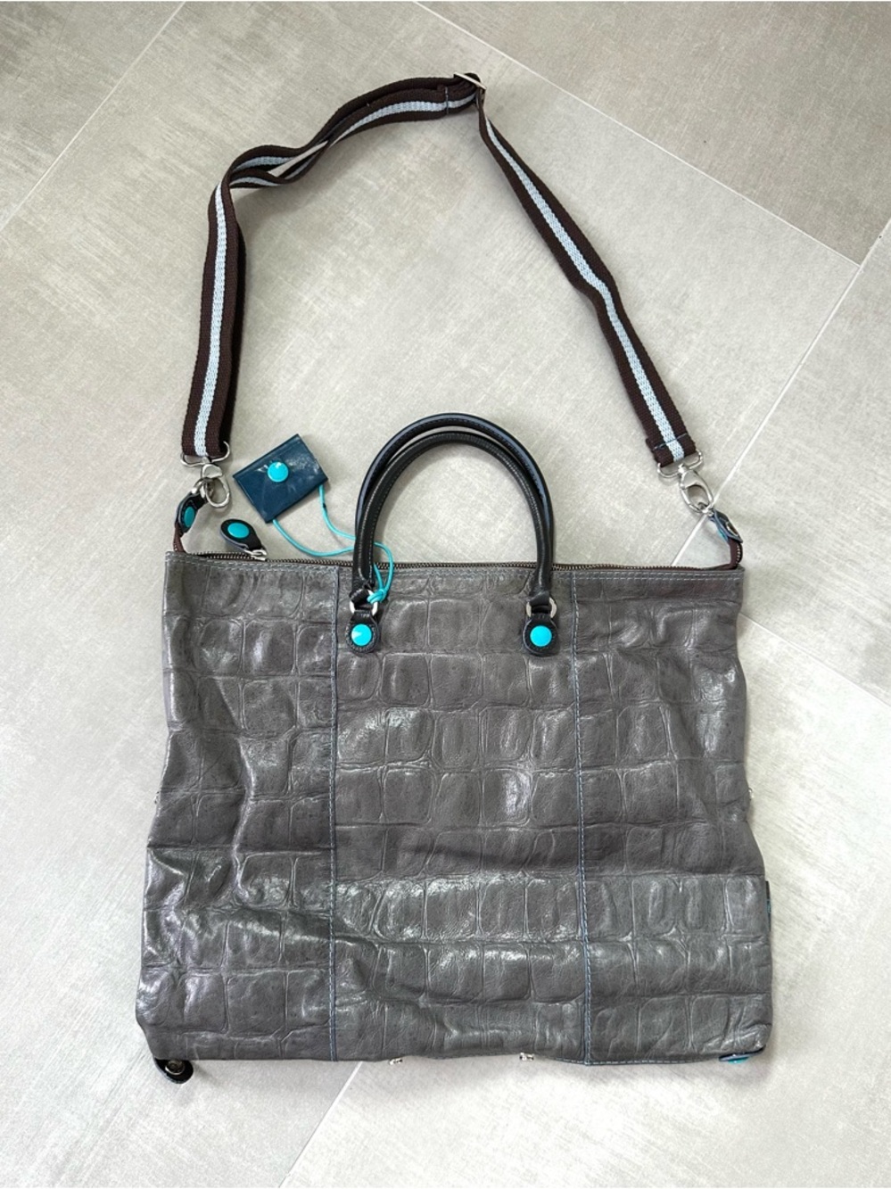 Gray Croc-Embossed GABS Leather Tote with Removable Strap